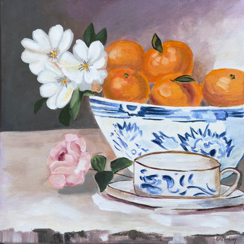 Original Wall Art Fruit and Bowl Oranges and Florals Still Life Painting